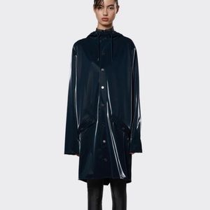 RAINS Long Jacket Hooded Unisex Size Lg Button Pockets Waterproof NWT Color Ink